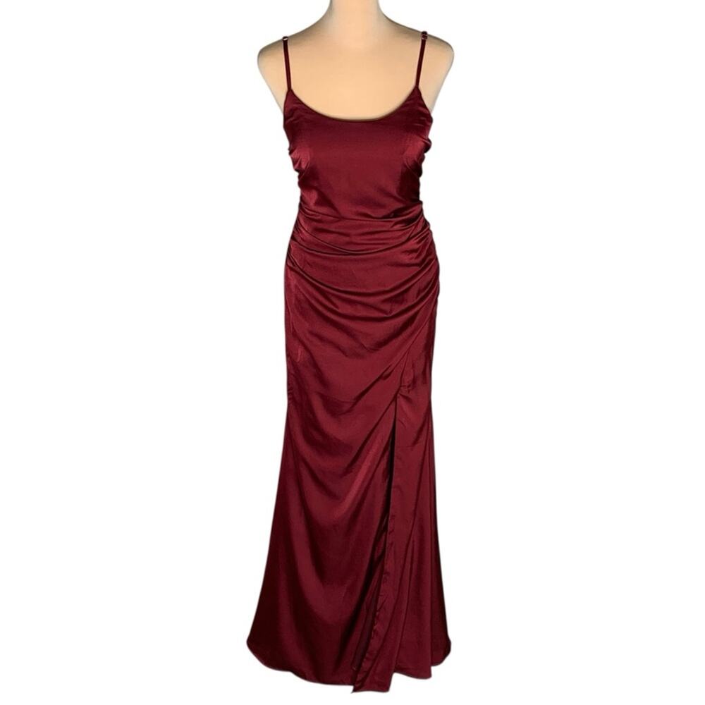 Stacees Satin Ruched High Slit Gown 2 Cabernet Burgundy Wedding Prom Dress NEW